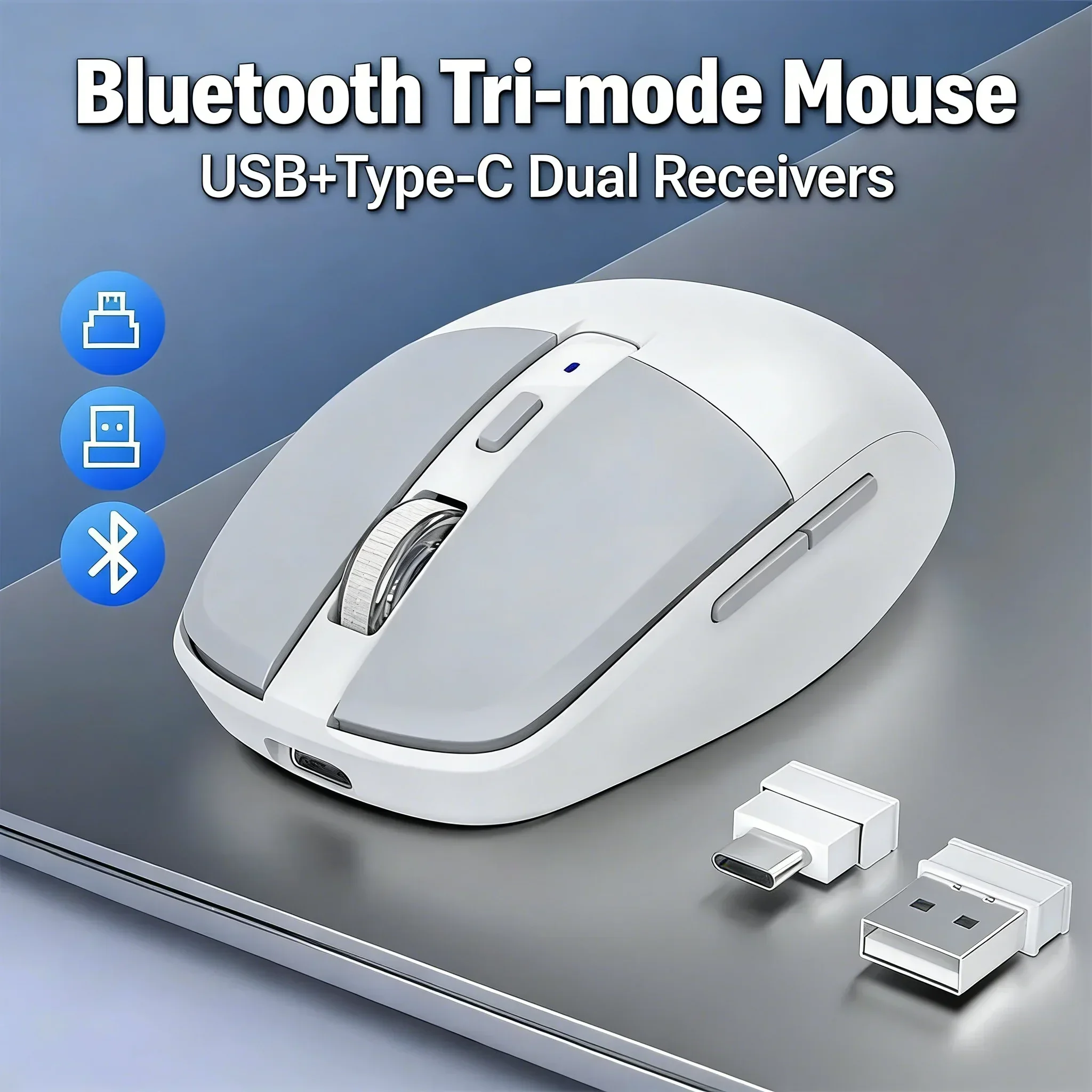 

Wireless Tri-mode Bluetooth Mouse with USB+Type-C Dual Receivers Adjustable DPI Rechargeable Silent Mice for PC Tablet Laptops