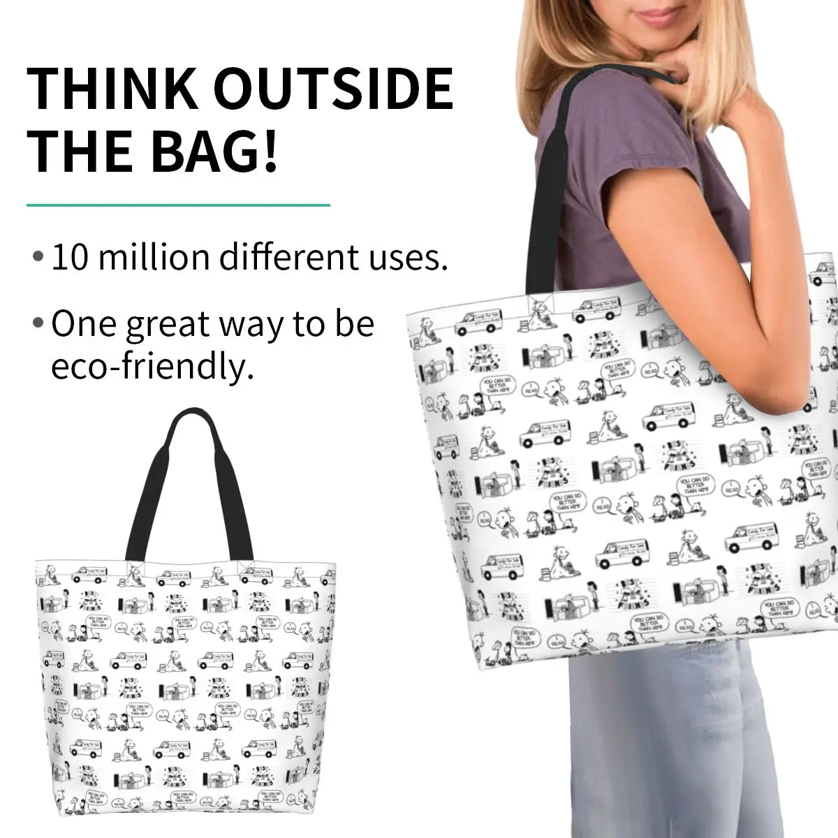 Wimpy Kid Shopping Tote Bag Canvas Large Capacity Shoulder Bags Shopper Grocery Handbag for Women