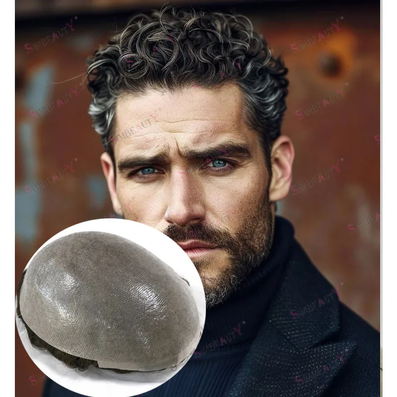 

Мужской капиллярный протез коричневого цвета с седыми волосами, супер прочный натуральный волосяной покров 0,06 мм, мужской вьющийся парик на всю кожу