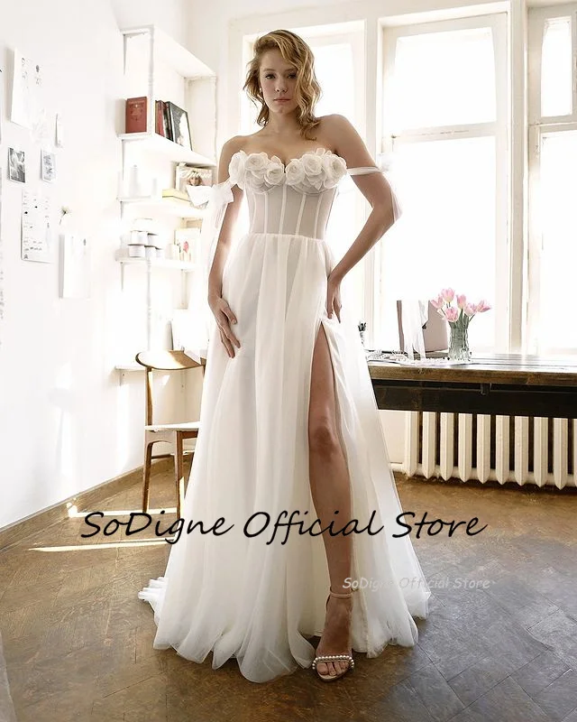 SoDigne A-line 3D Flower Tulle Wedding Dresses Off Shoulder Sleeveless Bridal Dress Split Back Lace Up Bridal Gown Customized