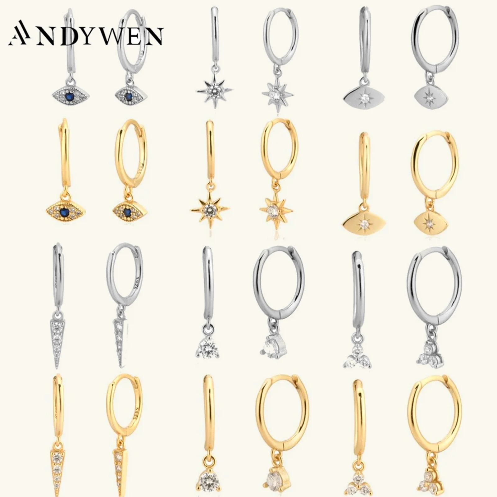 ANDYWEN 925 Sterling Silver Multi Dangle Hoops Crystal Thin Huggies With Charms Loops Circle Clips Kolczyki Biżuteria dla kobiet