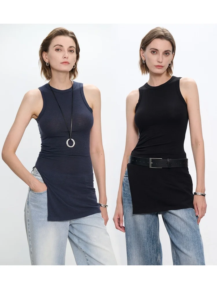 

CEMO Новая летняя женская футболка с боковым разрезом и плиссировкой, приталенная, с круглым вырезом, средней длины, из тонкой ткани, без рукавов