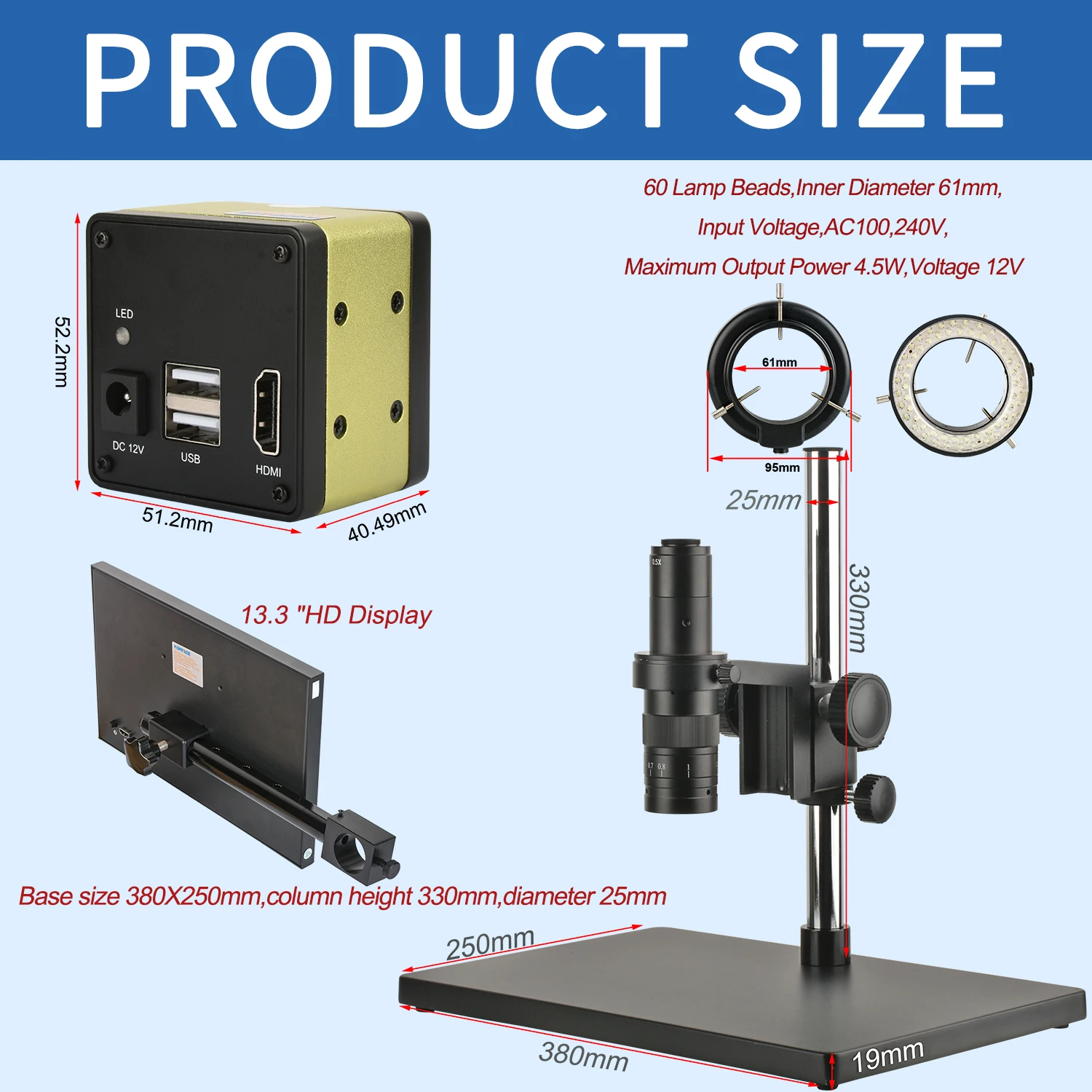 KOPPACE 11X-85X Measuring Electron Microscope 2K Camera HDMI Output 13.3-inch HD Monitor