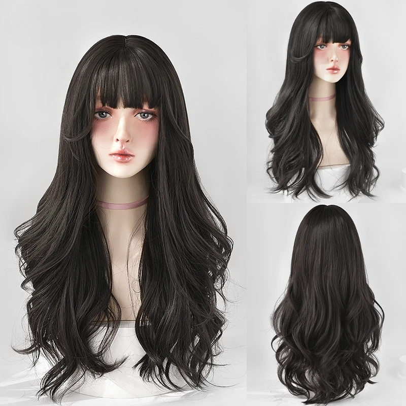 

Loose Wave Dark Brown with Neat Bangs High Density Synthetic Black Tea Women Daily Cosplay Party Wig