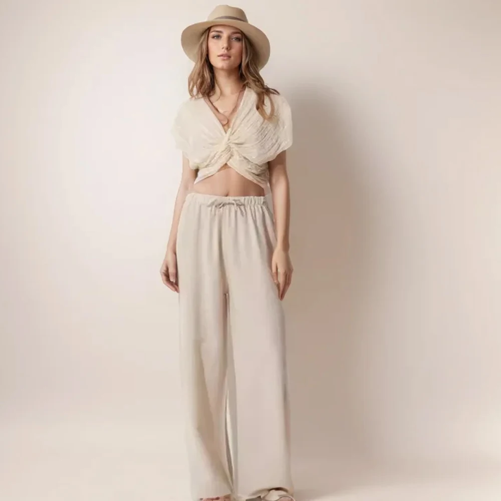 

Solid Linen Trousers Lace-up Drawstring Long Pants Casual Comfortable Britches Basics Black Apricot Color Pant for Streetwear