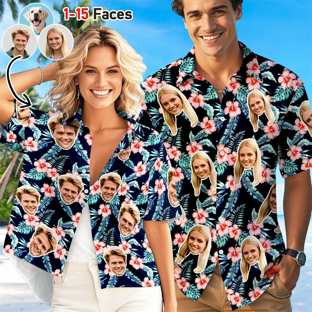 Custom Face Hawaiian Shirt Personalized Face  Aloha Shirts For Men Women Funny Pet Dog Face Beach Vacation Party Shirt Blosues