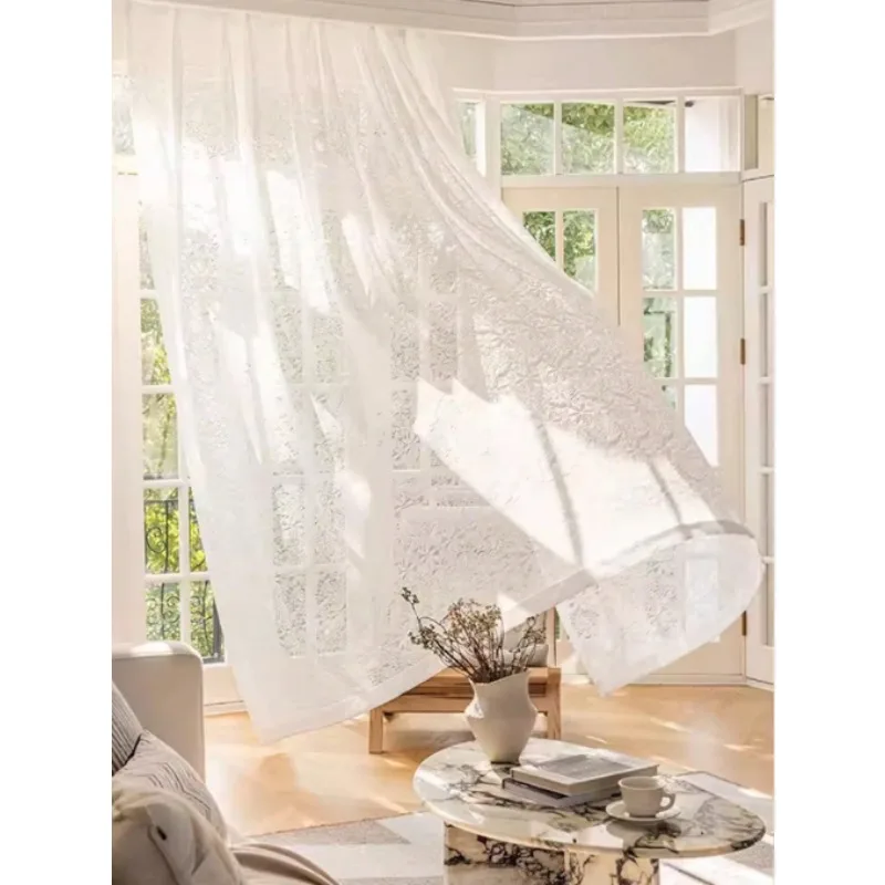 French Light Luxury Romantic Gauze Curtain Leaves White Lace Partition Curtain Living Room Bedroom Balcony Curtain