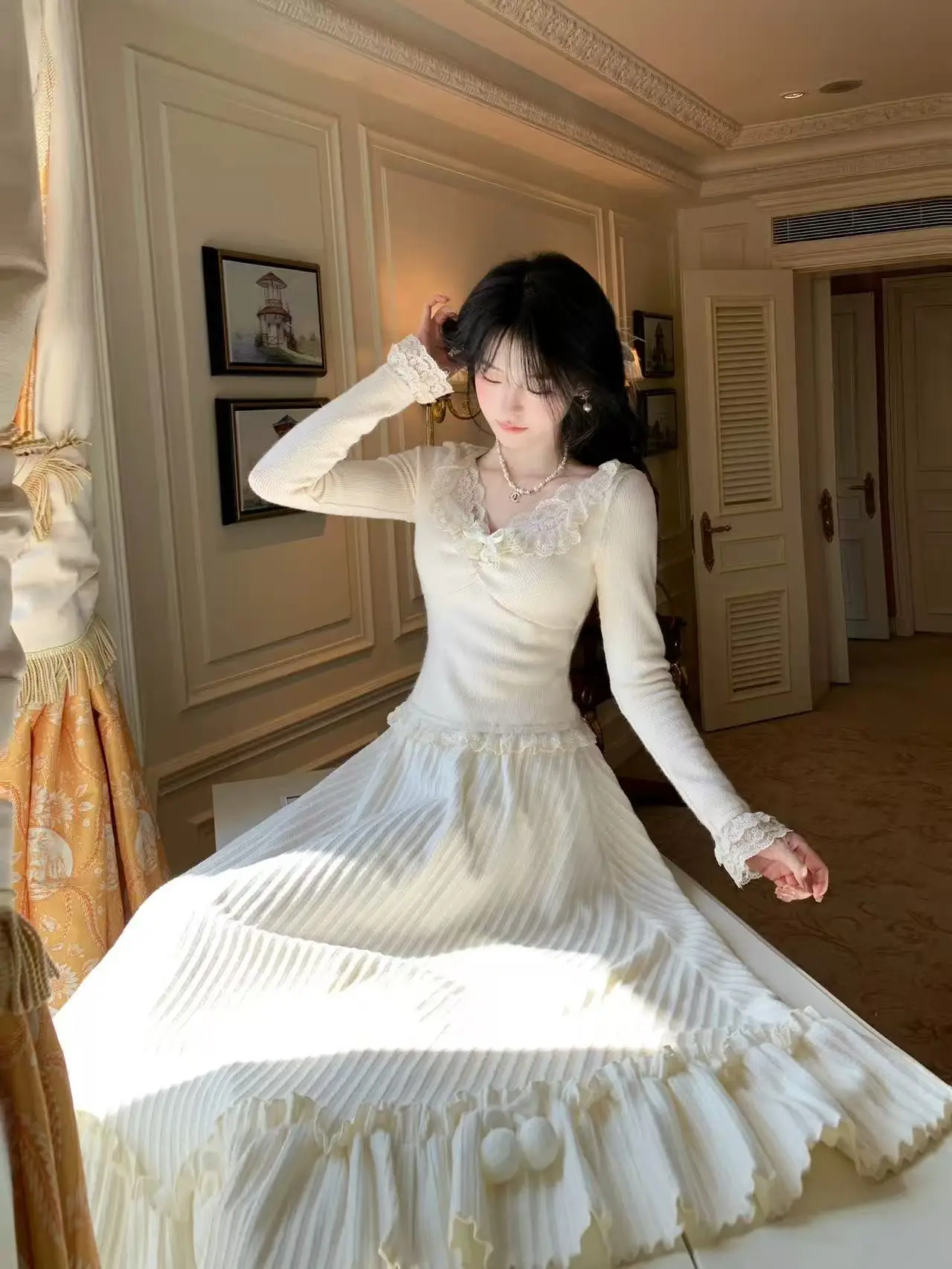 الشتاء الحلو أنيقة متماسكة 2 قطعة مجموعات امرأة Y2k مثير الدانتيل تصميم لطيف معطف شتاء دعوى الإناث الأميرة الكورية الملابس الشعبية #2