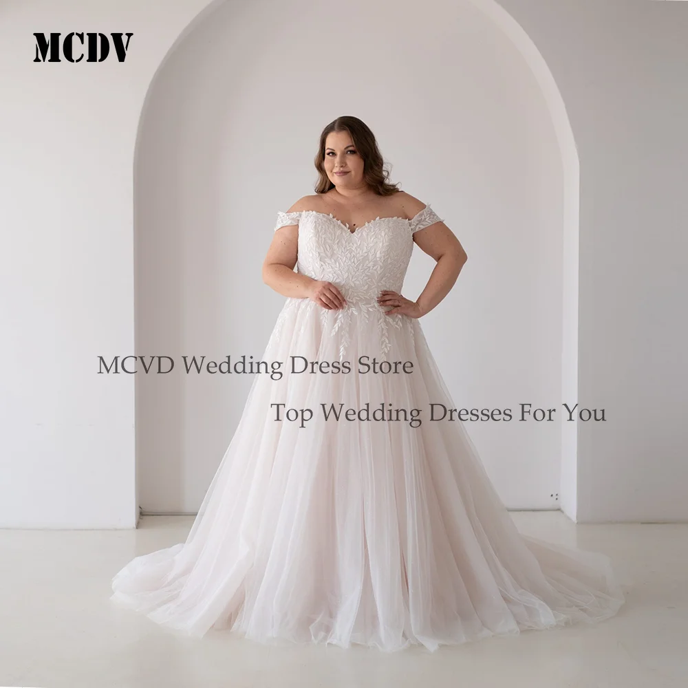 

MCDV Plus Size Bride Gowns Off Shoulder Applique Lace Wedding Dresses Bride Puff Sleeve Sweetheart robe de mariée Customized