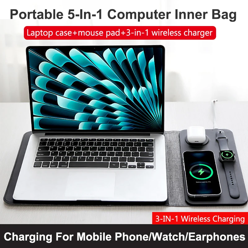 

Portable Leather Wireless Charging Laptop Sleeve for 12 13 14 Inch Mac ipad Magnetic 3-in-1 Charger 15W Wireless Fast Charging