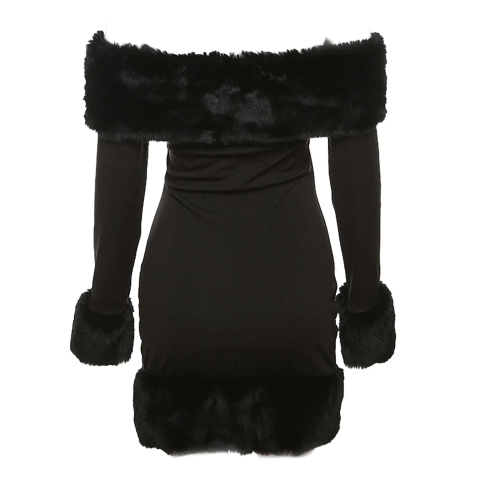 Chic Fluffy Fur Collar Patchwork Black Mini Dress Fashion Off Shoulder Long Sleeve A-line Slim Dresses Lady Evening Party Robes