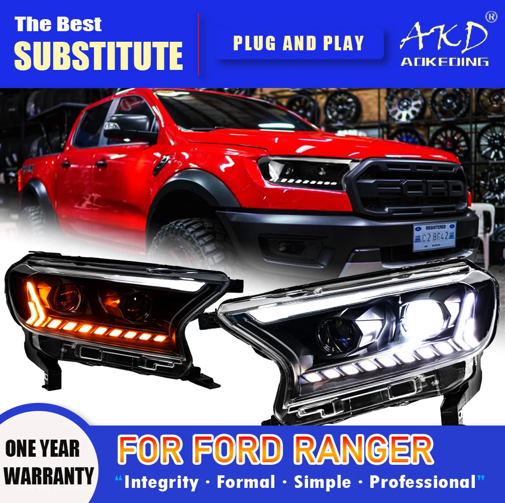 Фара AKD для Ford Ranger, светодиодная фара 2016-2020, фары Ranger, ДХО, указатель поворота, дальний свет, линза-проектор Angel Eye