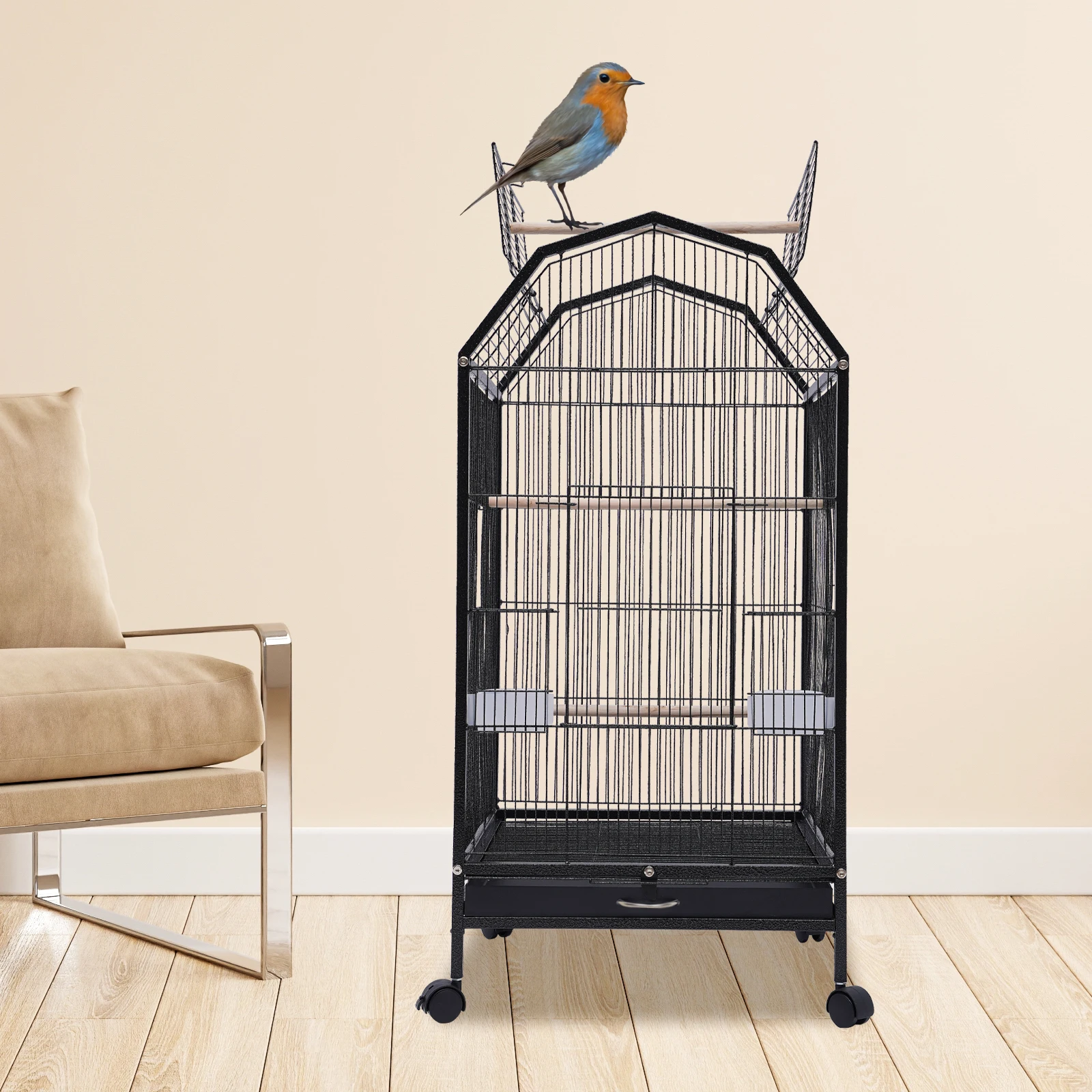 

Parakeet Bird Cage with Stand Metal Pet Bird Flight Cages Large Finch Bird Cage for Conure Canary Parekette Macaw Finch, Balck