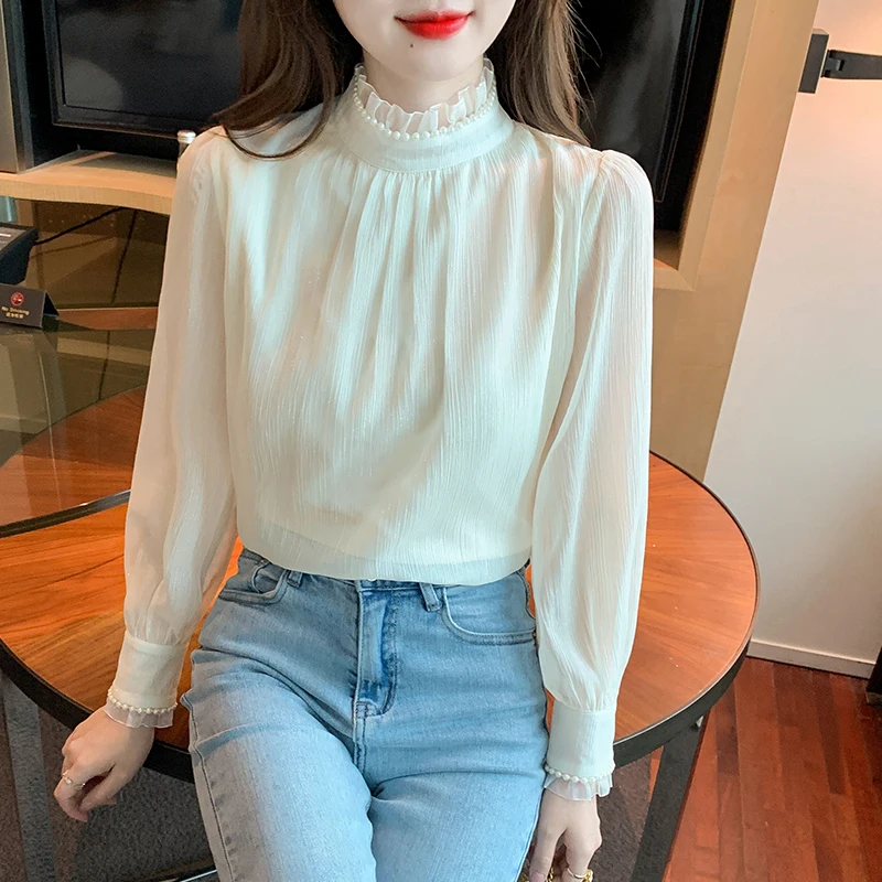 New Long Sleeve Beading Stand Collar Blouse Women Apricot Chiffon Blouse Shirt Women Tops Blusas Mujer De Moda 2024 Blouses G418