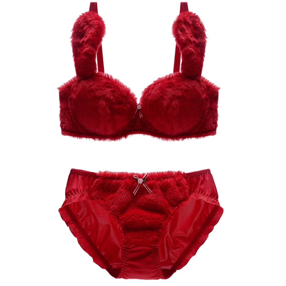 Bra Women short fluffy bunny ears childish cute underwear winter models solid color bras comfortable lingerie sets