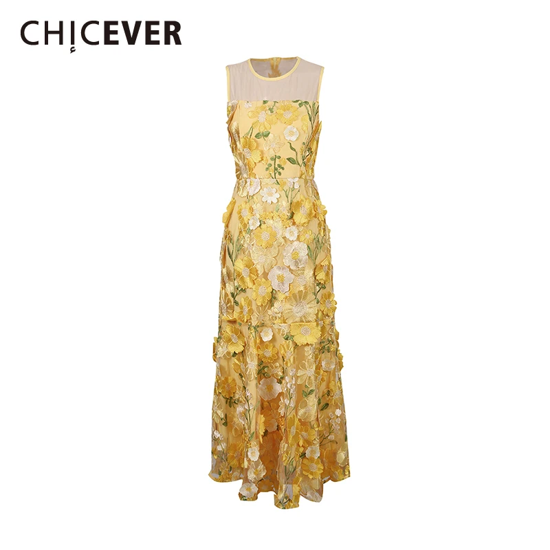 

CHICEVER Solid Spliced Lace Flower Basics Dress Female O Neck Sleeveless Loose Elegant Women's Dresses Summer Fashion New Style