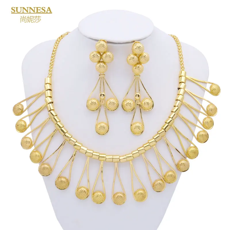 SUNNESA 18k Gold Plated African Jewelry Set for Women Geometric Design Big Necklace Drop Earrings Brazilian Wedding Gift