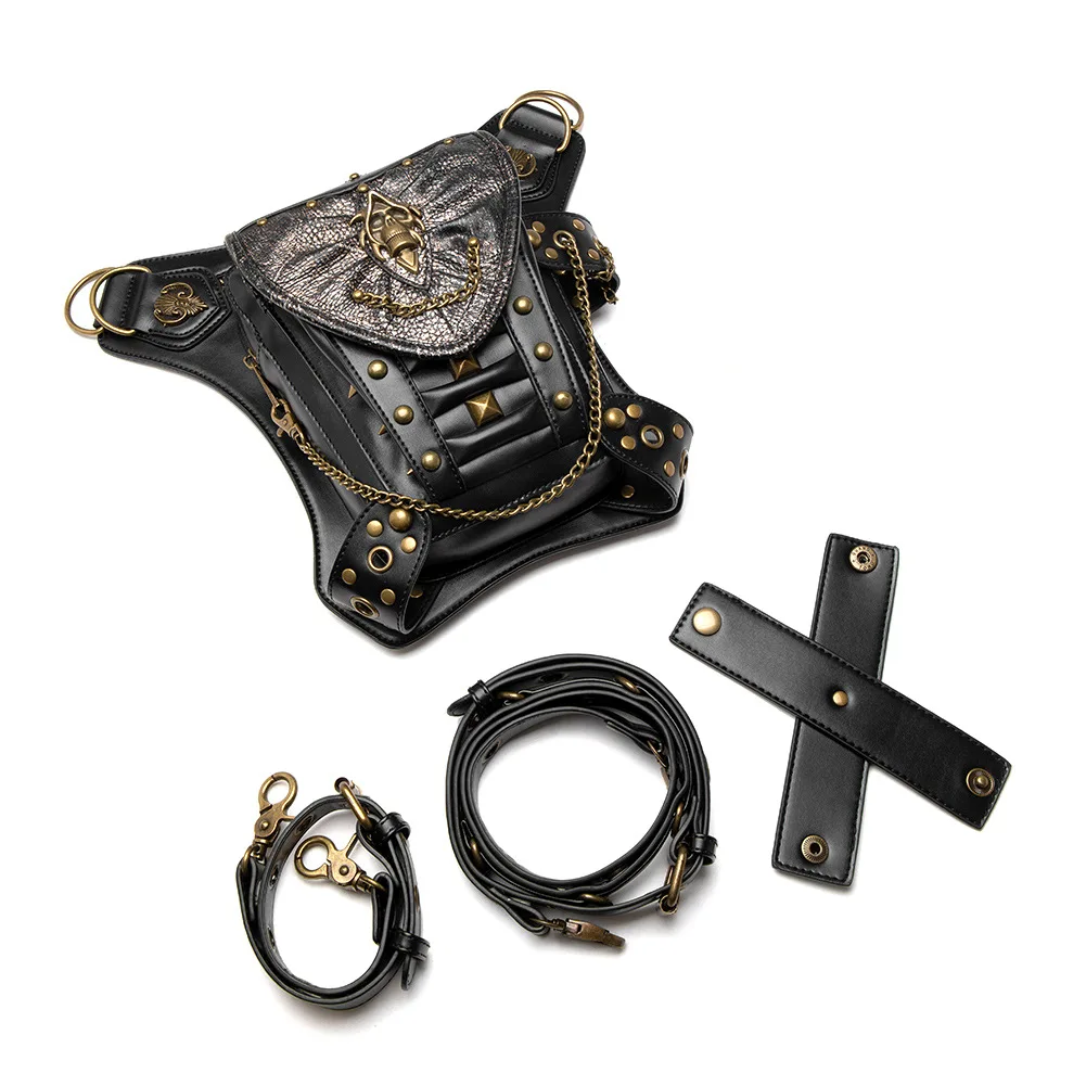 Street Cool Style Motorcycle Knight Punk Gothic Skull Head Chain Bag Heavy Metal Rivet Waist Leg Bag Multi-Back Methods