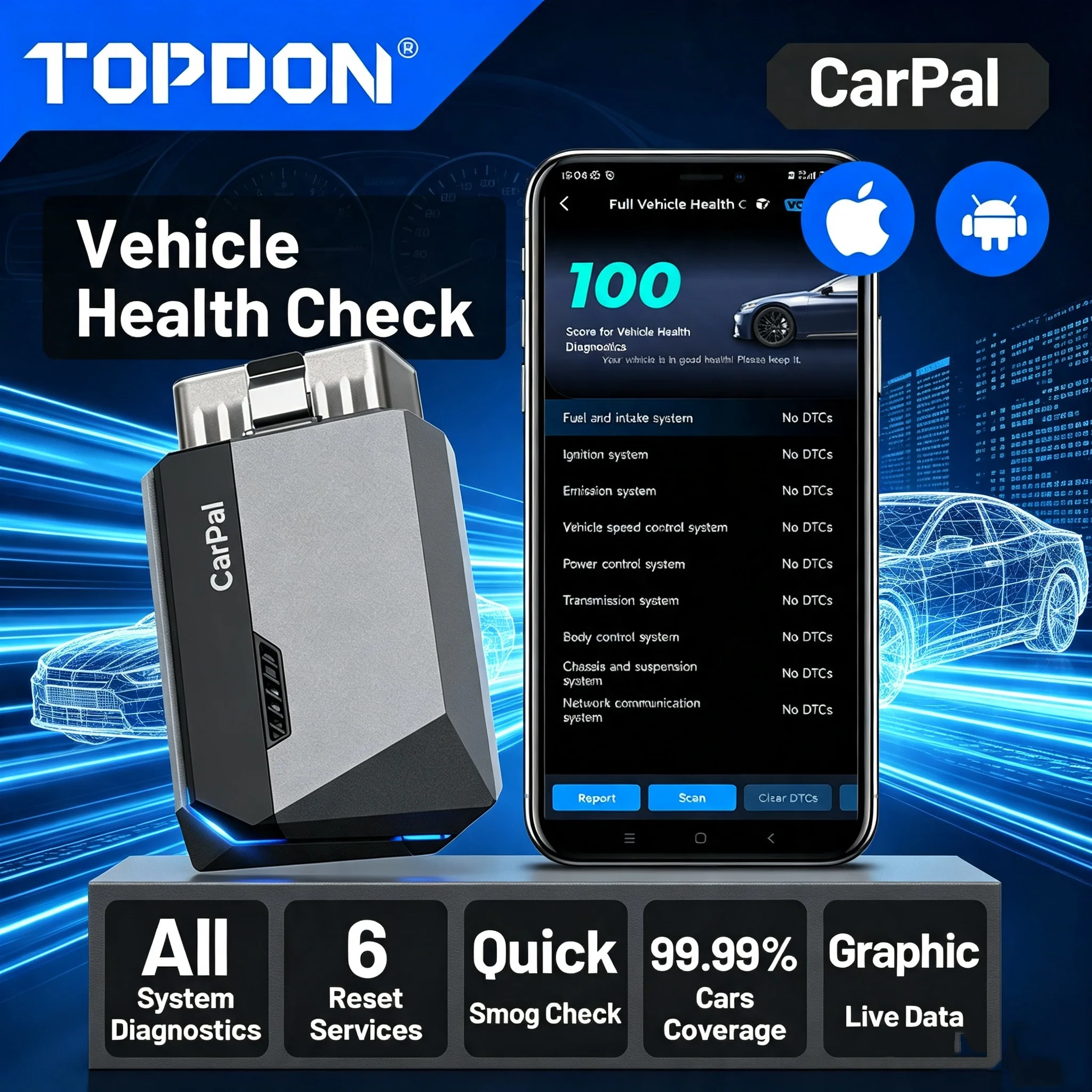 TOPDON Carpal All System OBD2 Scanner Car Diagnostic Tools 6 Reset Test Repair Guidance Auto Scanner OBD2 Battery Health Monitor
