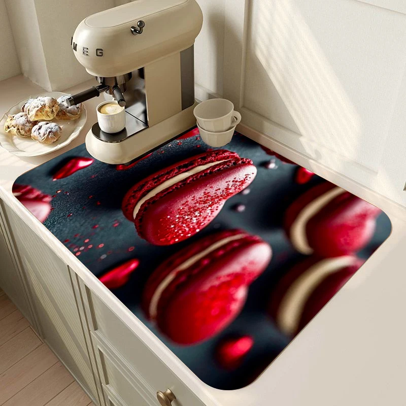 2D Water Absorbing and Draining Pad Bowl Red Heart Macaron Dish Draining Pad Coffee Kitchen Sink and Bathroom Countertop