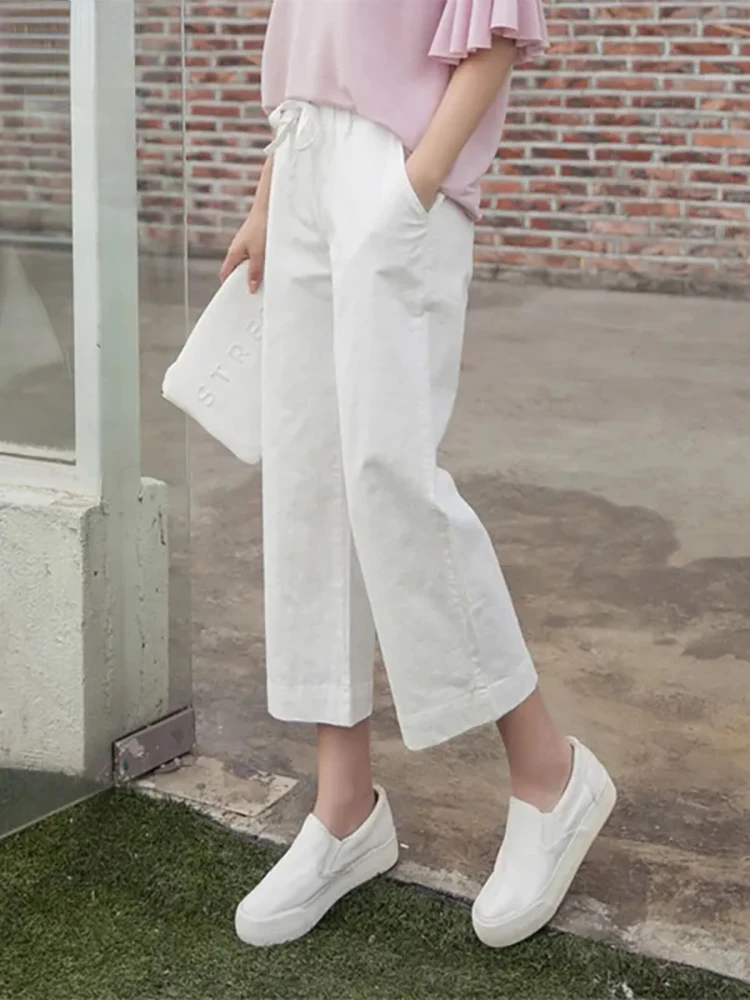 

Casual Loose Cotton Linen Pants Women Harajuku White Pants Elastic High Waist Drawstring Streetwear Solid Color Female Sweatpant