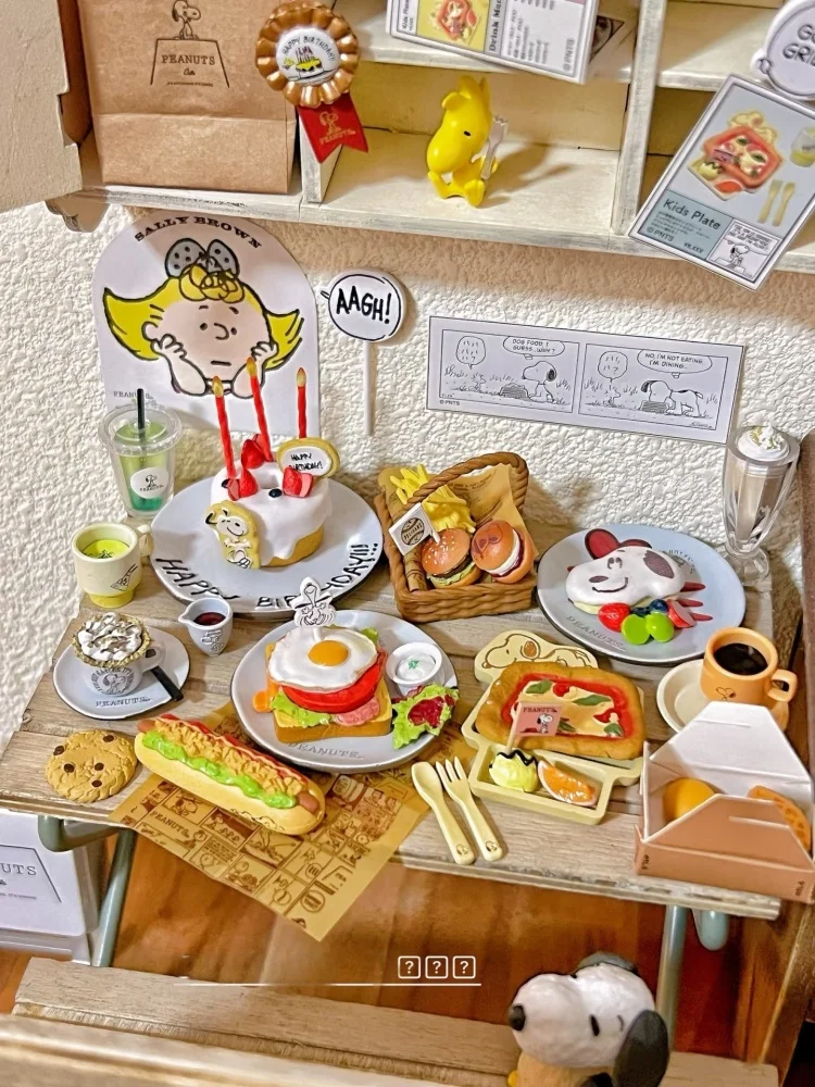 Caixa inteira genuína re-ment snoopy modelo em miniatura grinalda café padaria ocidental restaurante encontro caixa cega coleção