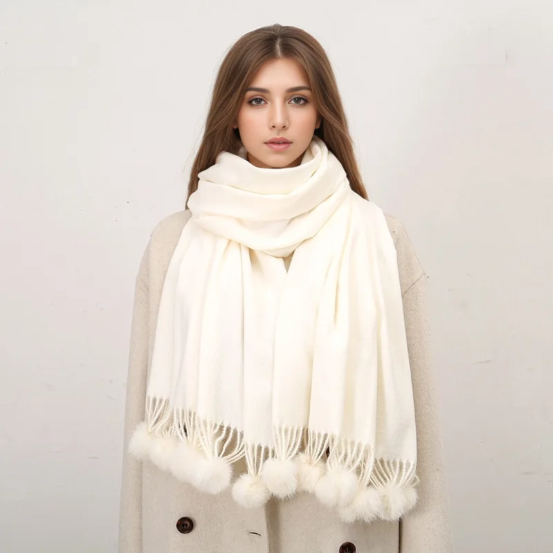 

190*70cm Plush Fleece-Lined Acrylic Scarf Winter Warm Solid Color Tassel Neck Wrap with Pom-Pom Details Perfect Christmas Gift