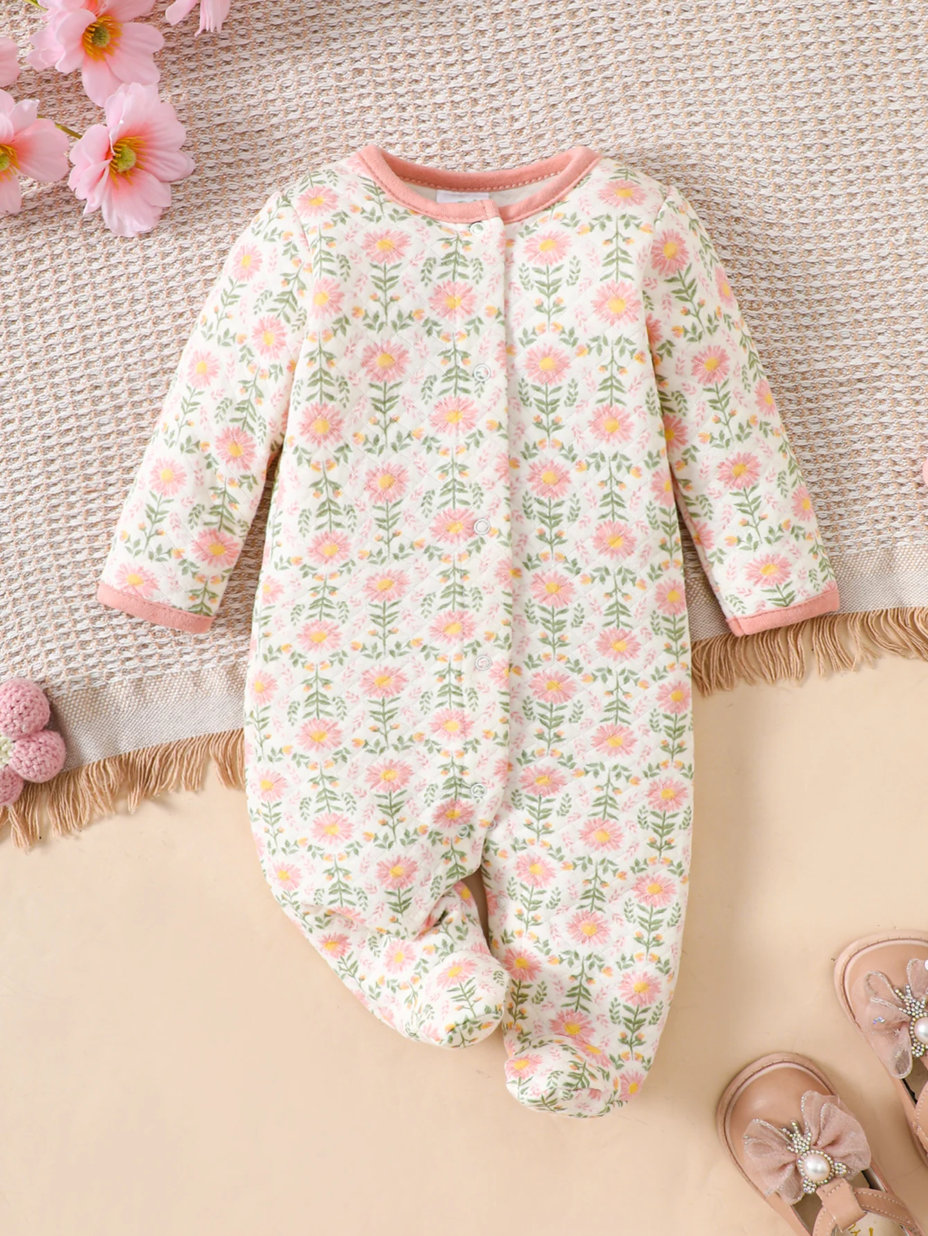 Baby Girl 3Pcs Clothing Set Quilted Footed Romper Short Sleeve Bodysuit Bib Floral Newborn Infant Outfit 0‑6M