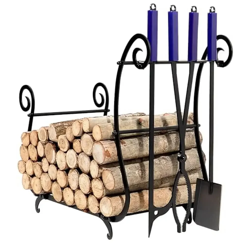 

Firewood Rack Fireplace Tools Set 4-Piece Serrated Claws Tongs Shovel Stand Hook Poker Rubber Handle Effortless Ash Removal Dust