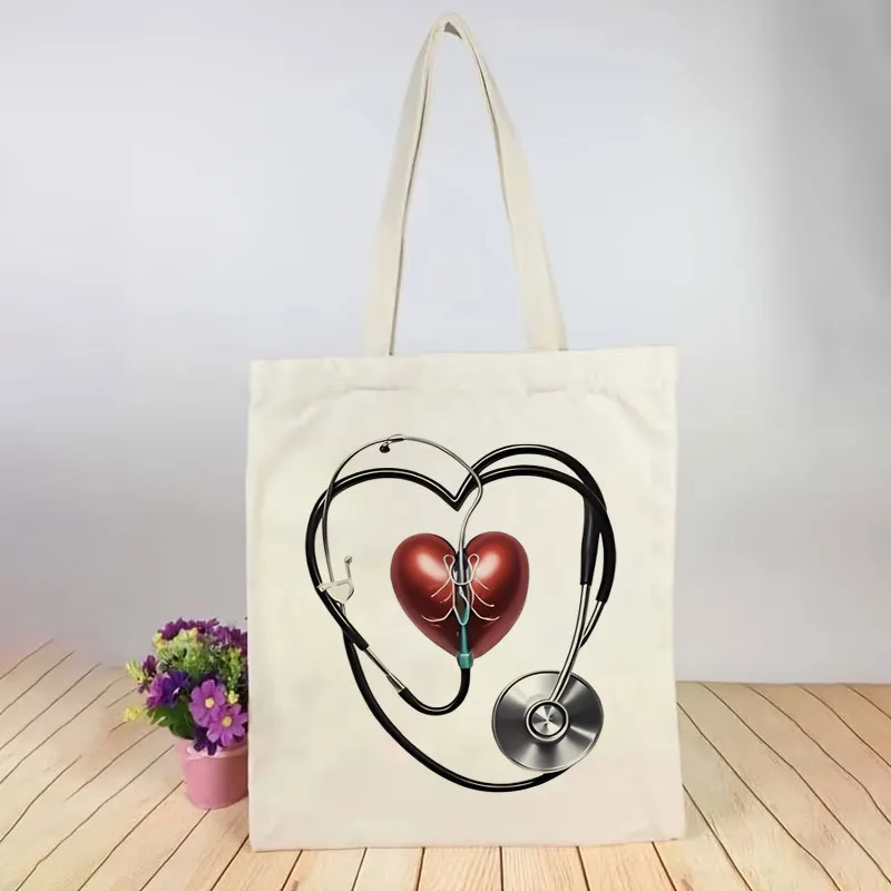 1pc Printed Canvas Bag, Medical Heart Stethoscope Design, Unisex Breathable Trucker Bag, Portable White Crossbody Bag with Closu