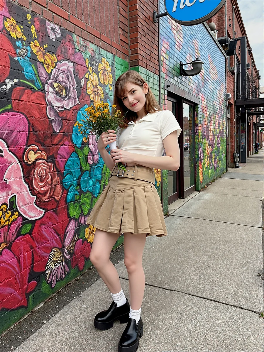 

Mini Pleated High Waist Skirts Womens Belted Waistband Pocket Elastic Utility Cargo Military Safari Outdoor Sporty Fitness Gym