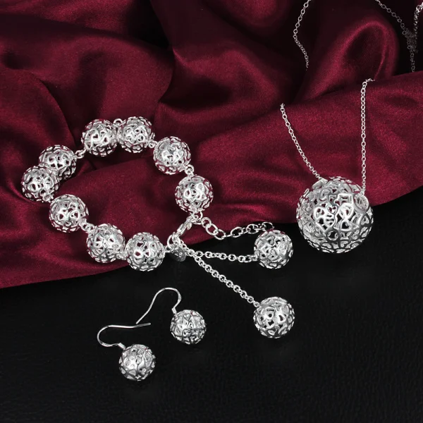 

New 925 Sterling Silver Hollow Ball Pendant Bracelet Necklace Earring Jewelry Set for Women Fashion Party Wedding Gift