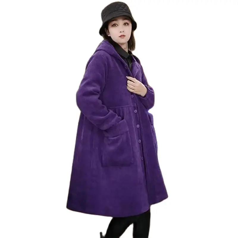 Fashion Purple Winter Coat Female 2023 New Women\'s Cotton Clip Corduroy Cotton Clothes Mid-Length Hooded High End Trench Coat