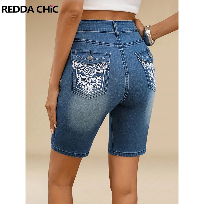 

ReddaChic Women's Bleached Denim Bermuda Pants Embroidered Pocket Whiskers High Rise Tight Jean Shorts Casual Retro Streetwear
