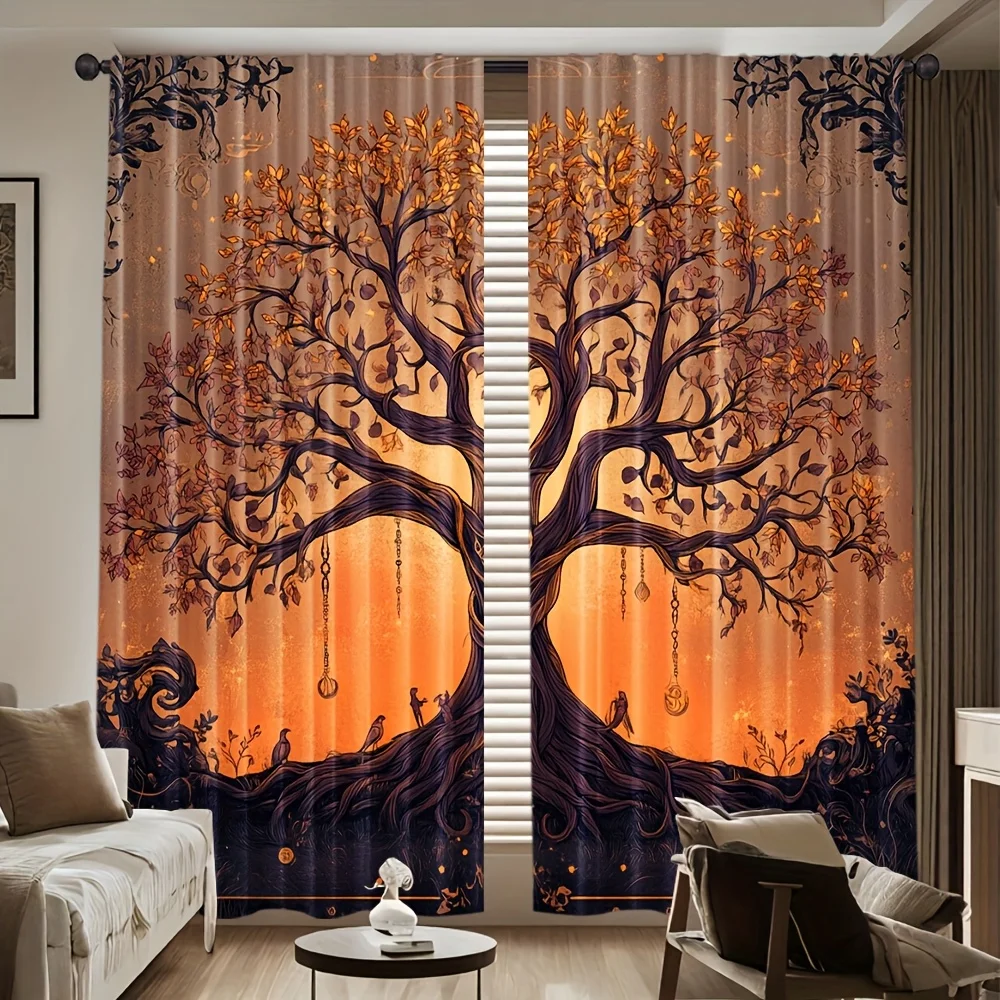 Large Tree Curtain Panels for Living Room Home Decor Autumn Forest Scene Sunlight Filter Window Drapes