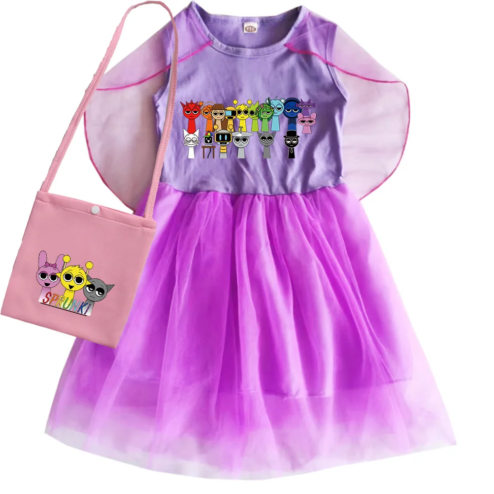 Sprunki-Cute Mis Dress for Baby Girls, Mesh Princess Dress for Toddler, Birthday Party Dresses, Bag Set, Summer