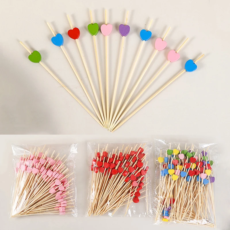 100pcs 12cm Heart Shaped Bamboo Pick Buffet Cupcake Fruit Fork Party Dessert Salad Stick Cocktail Skewer for Wedding Party Decor - view 5