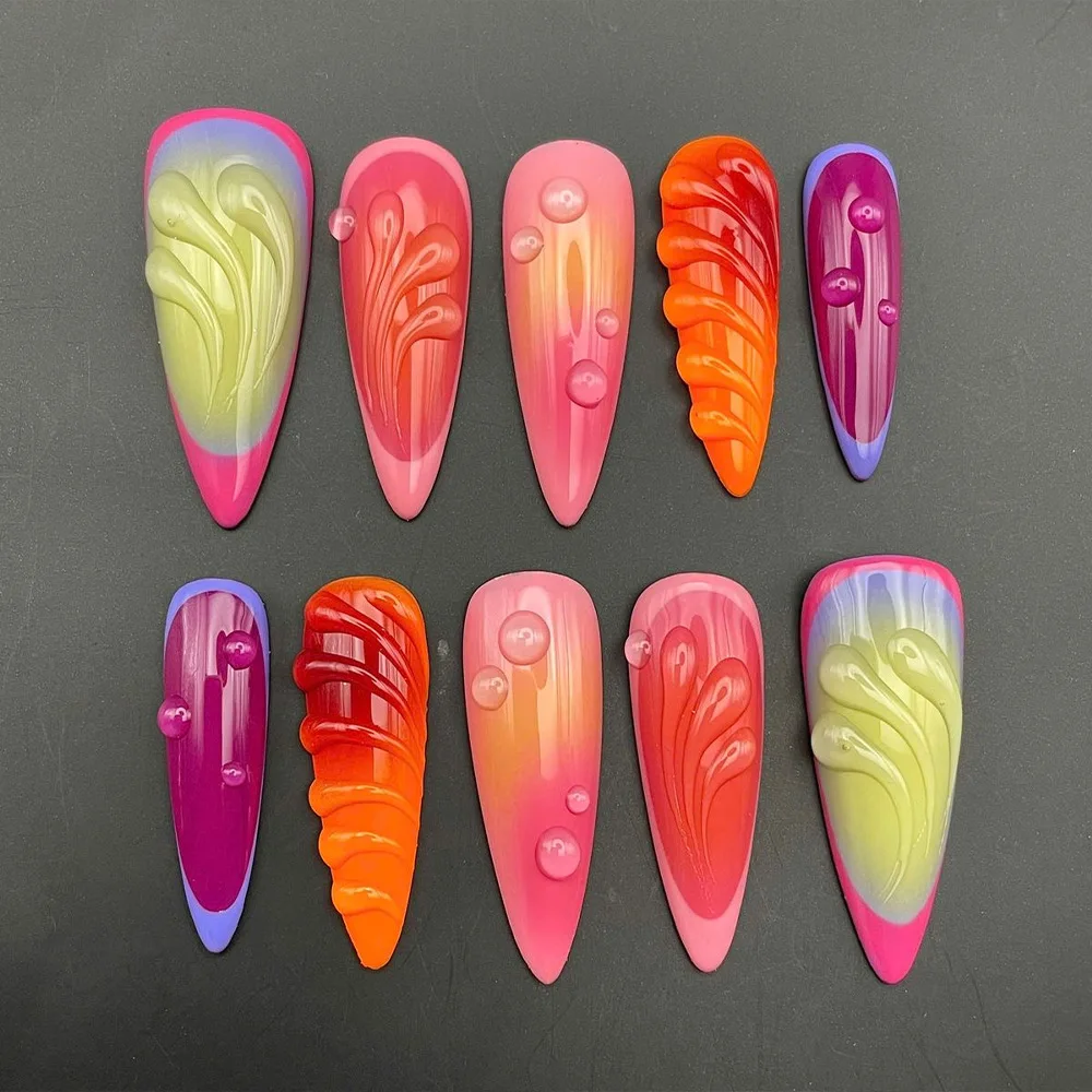 

24PCS Stiletto Fake Nail Glossy Rainbow with Sculpted Multicolor Gradient Floral Accents Press on Nails Edgy Futuristic Nail Art