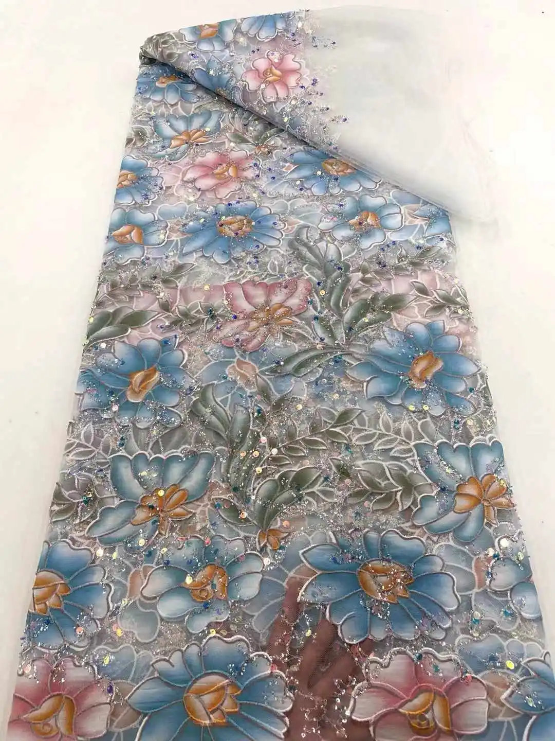 

African Sequins Beaded Lace Fabrics 2025 High Quality Sequence Embroidery French Nigerian Lace Fabric For Wedding Sewing