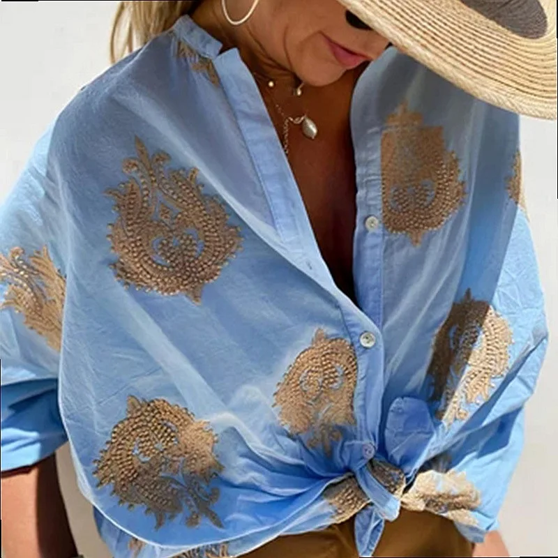 Women's Printed Shirt Blouse Long Sleeve Button Down Graphic Tops Spring Summer