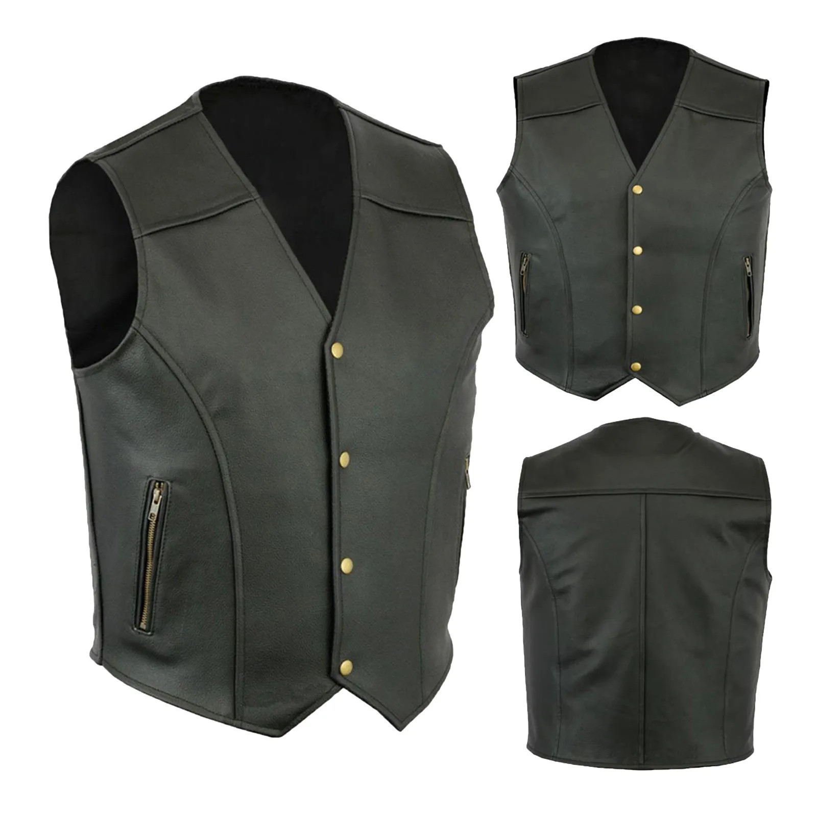 Men Fashion Casual Solid Color Vest Motorcycle Fleet Punk Leather V-Neck Single Breasted Slim Fit Coat Black Vest 2023 New