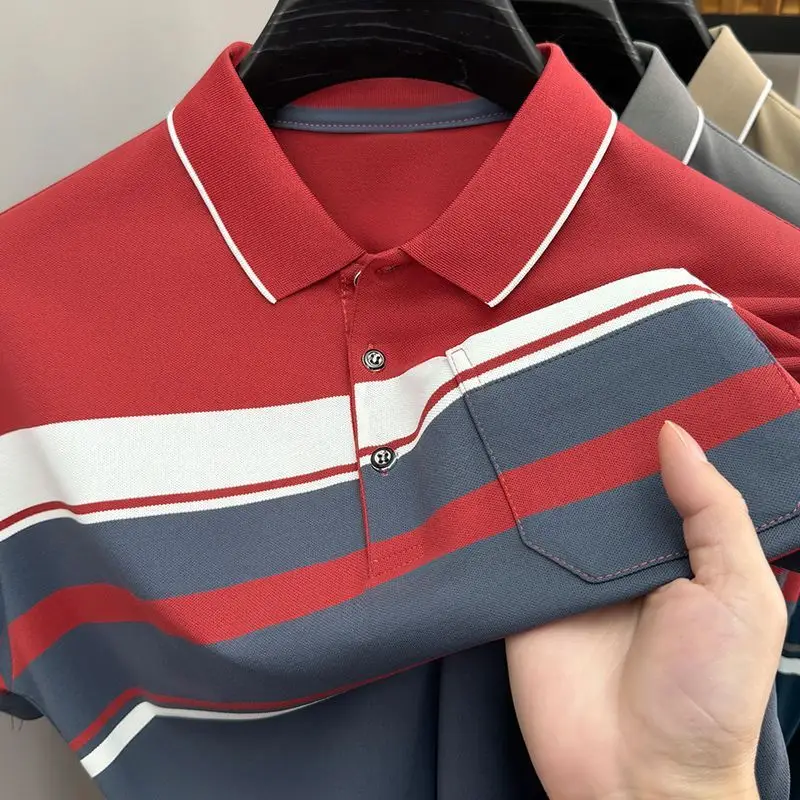 Men Business Casual Horizontal Striped Polo Shirt Short Sleeve Red Gray Colorblock Lapel Collar Chest Pocket Daily Wear Tops