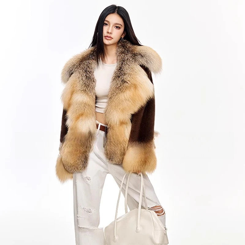 Ftangaiur New Winter Import Velvet Mink Fur Coat With Fox Fur Collar Loose Mink Coat Women Short Natural Real Mink Fur Coats