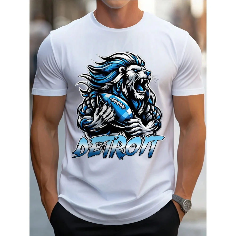 Detroit Football Lion Print T Shirt Tees for Men Casual Short Sleeve T-shirt for Summer Solid Color Cotton Comfort