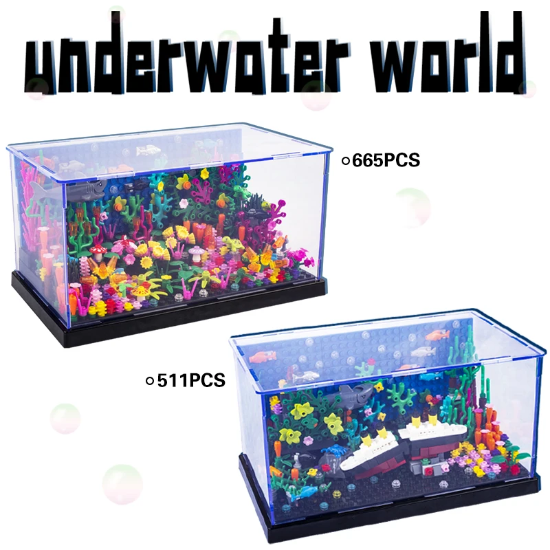 moc-fish-tank-underwater-world-building-blocks-sea-plant-titanic-shark-treasure-box-diamond-ocean-city-display-case-bricks-toys