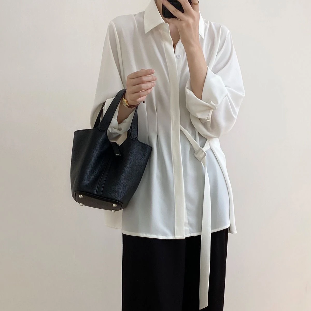 Women's Long Sleeve Chiffon Shirt Side Bow Tie Draped Style Autumn Lazy Fashion Design Sense  Market Top Polyester Fiber