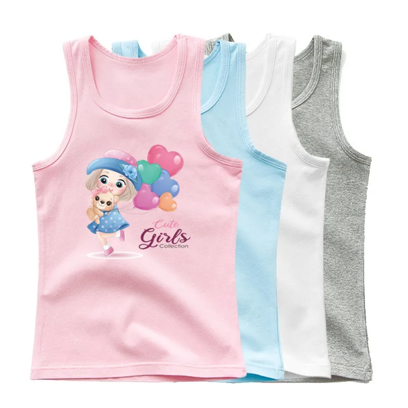 

Kawaii Girls Tanks Sleeveless O-Neck 2024 Summer t-Shirt New Heart Ballon Cotton Clothes Vest Top for Kids