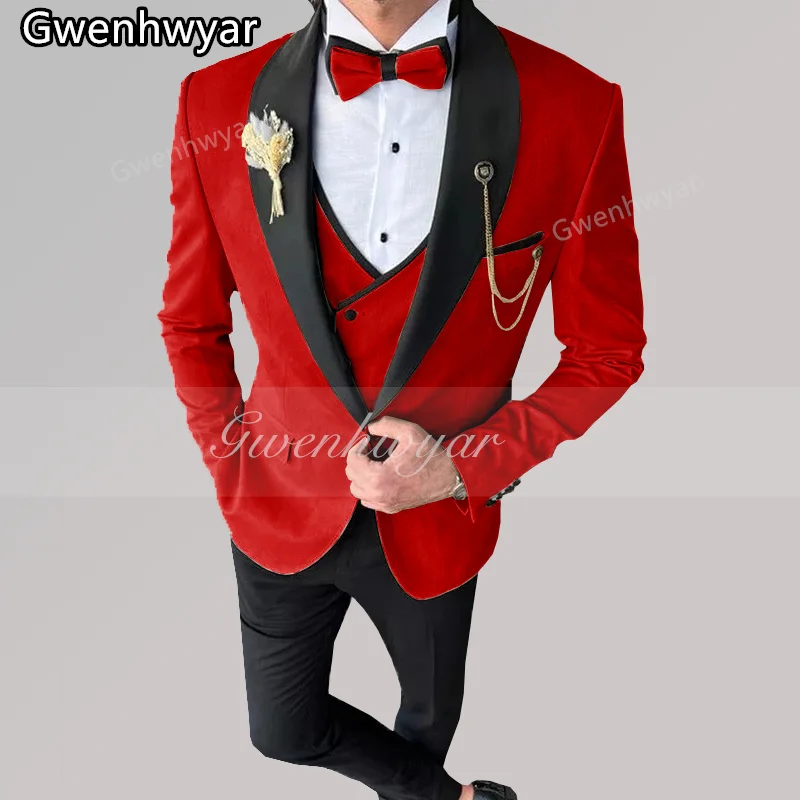 

Gwenhwyfar Costume Red Mens Suits With Black Shawl Lapel Party Slim Fit Suits Tuxedos Prom Suit For Wedding Prom 3 Pcs