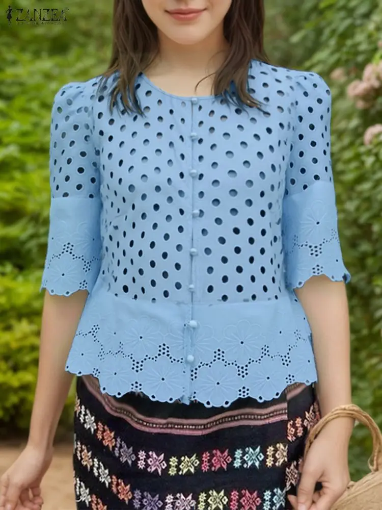 

Women Stylish Hollow Out Embroidered Blouse 2025 ZANZEA Elegant O Neck Half Sleeve Work Shirt Patchwork Tops Button Blusas Mujer