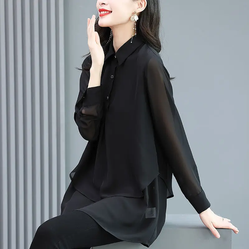 Simplicidade-Camisa polo feminina solta de comprimento médio, tops casuais de manga comprida, cor sólida, gola única com brochuras, versão coreana, verão